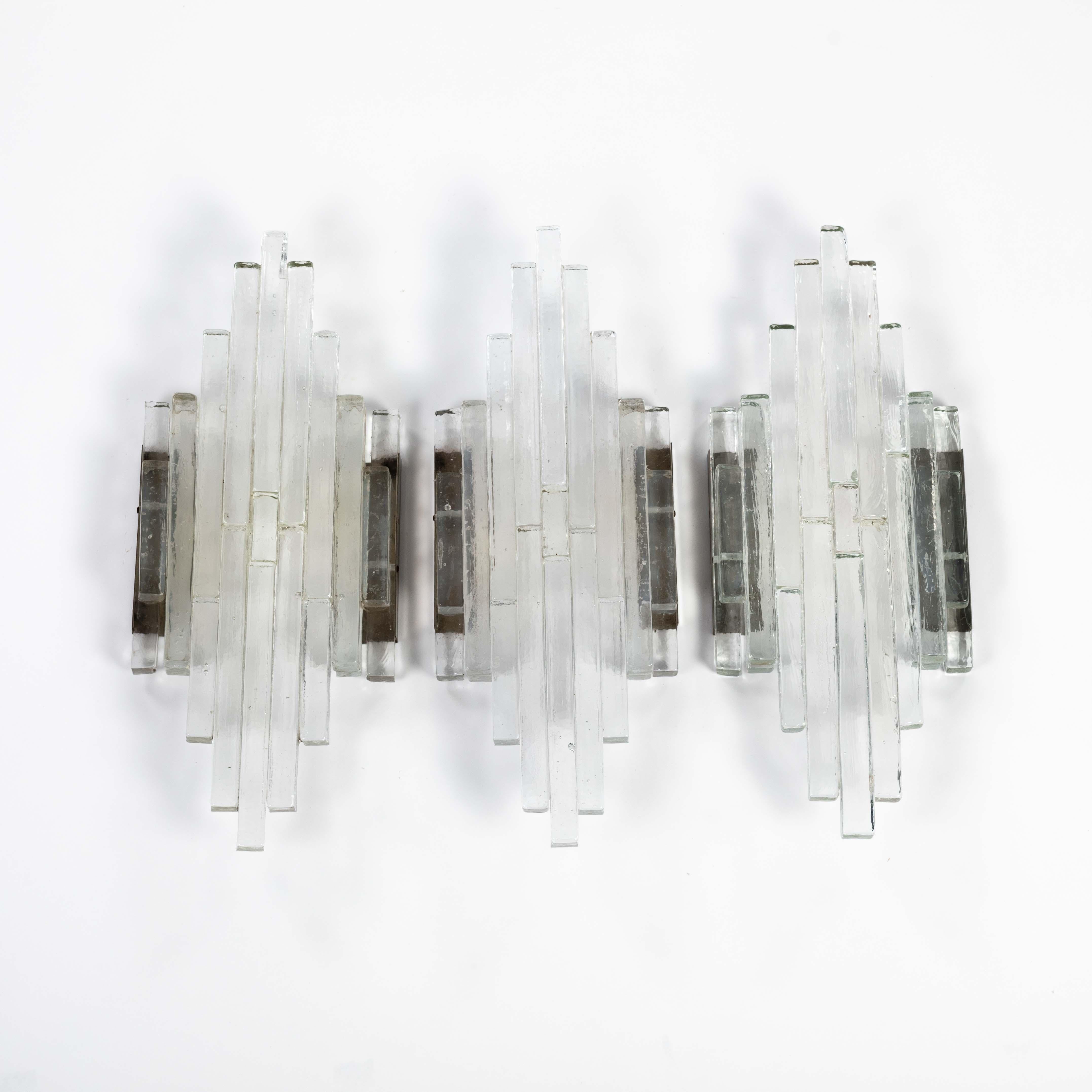 Set of 3 Tired Clear Murano Glass Wall Sconces by Albano Poli Italy 1960s For Sale 6