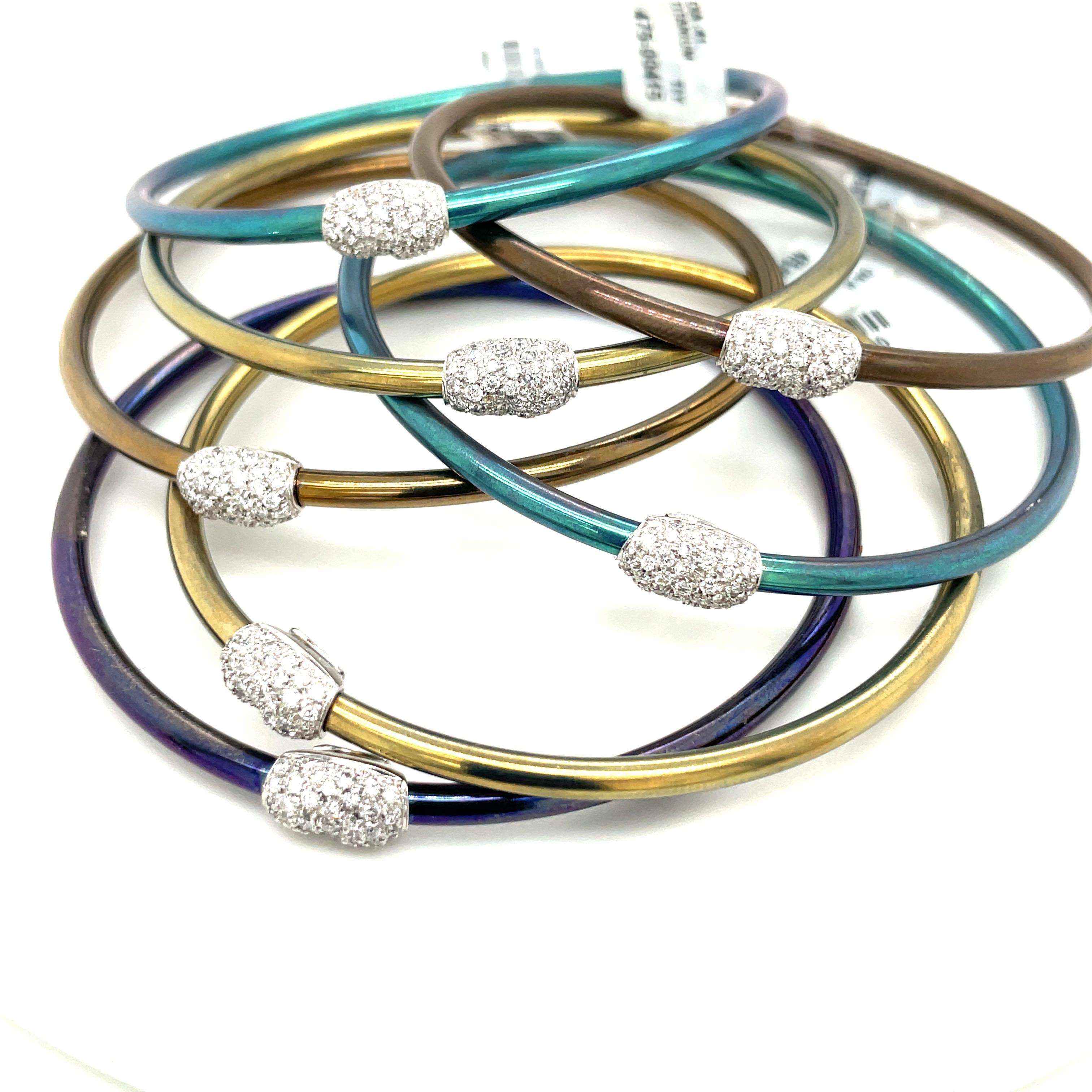 Round Cut Set of 3 Titanium Bangles with Pave Diamond Bean Accent For Sale
