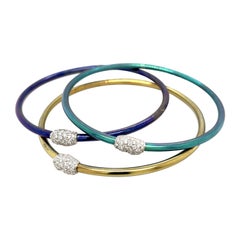 Set of 3 Titanium Bangles with Pave Diamond Bean Accent