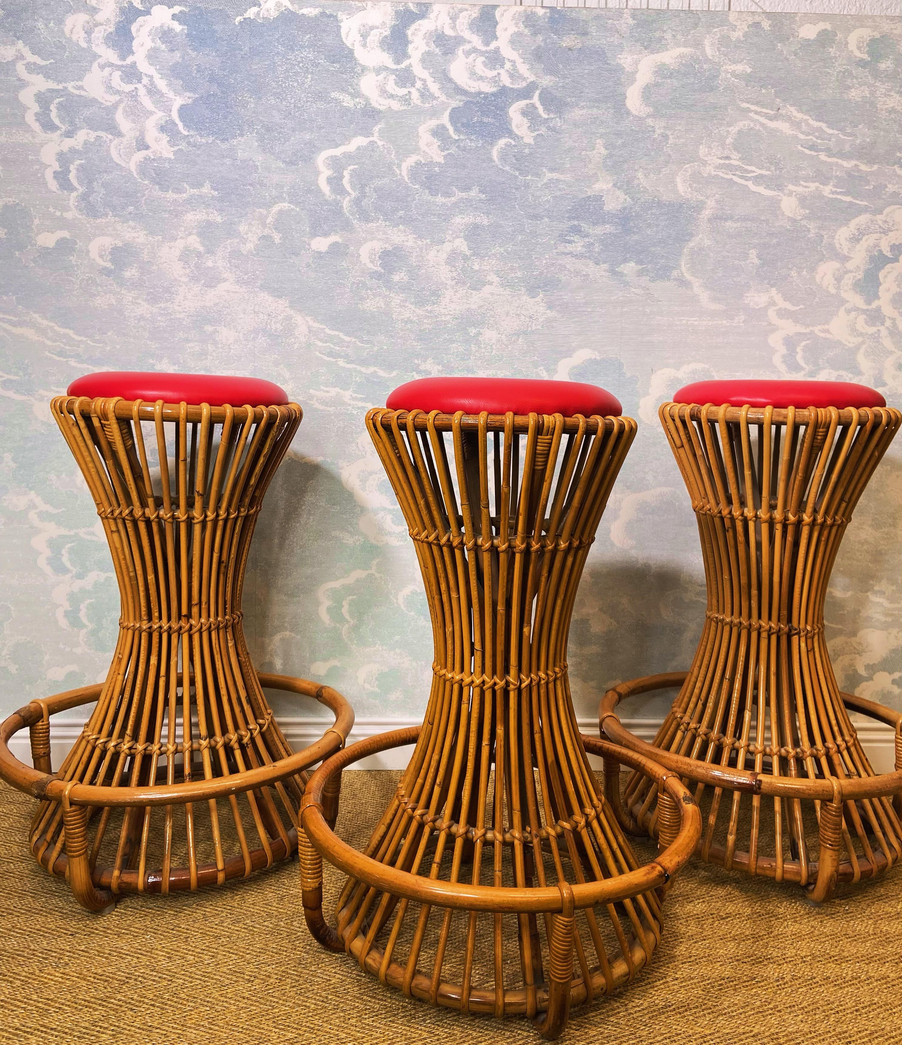 Set of 3 Tito Agnoli for Bonacina Bar Stools Bamboo & Rattan, Italy 1950s 8