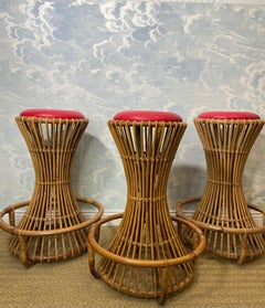 Set of 3 Tito Agnoli for Bonacina Bar Stools Bamboo & Rattan, Italy 1950s