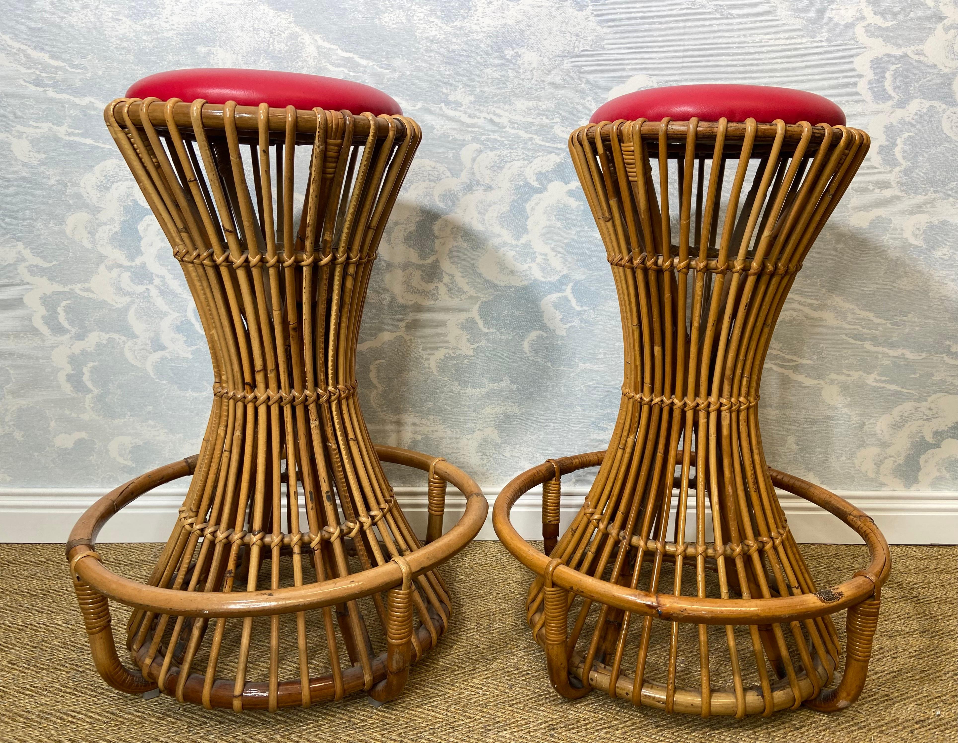 Mid-Century Modern Set of 3 Tito Agnoli for Bonacina Bar Stools Bamboo & Rattan, Italy 1950s