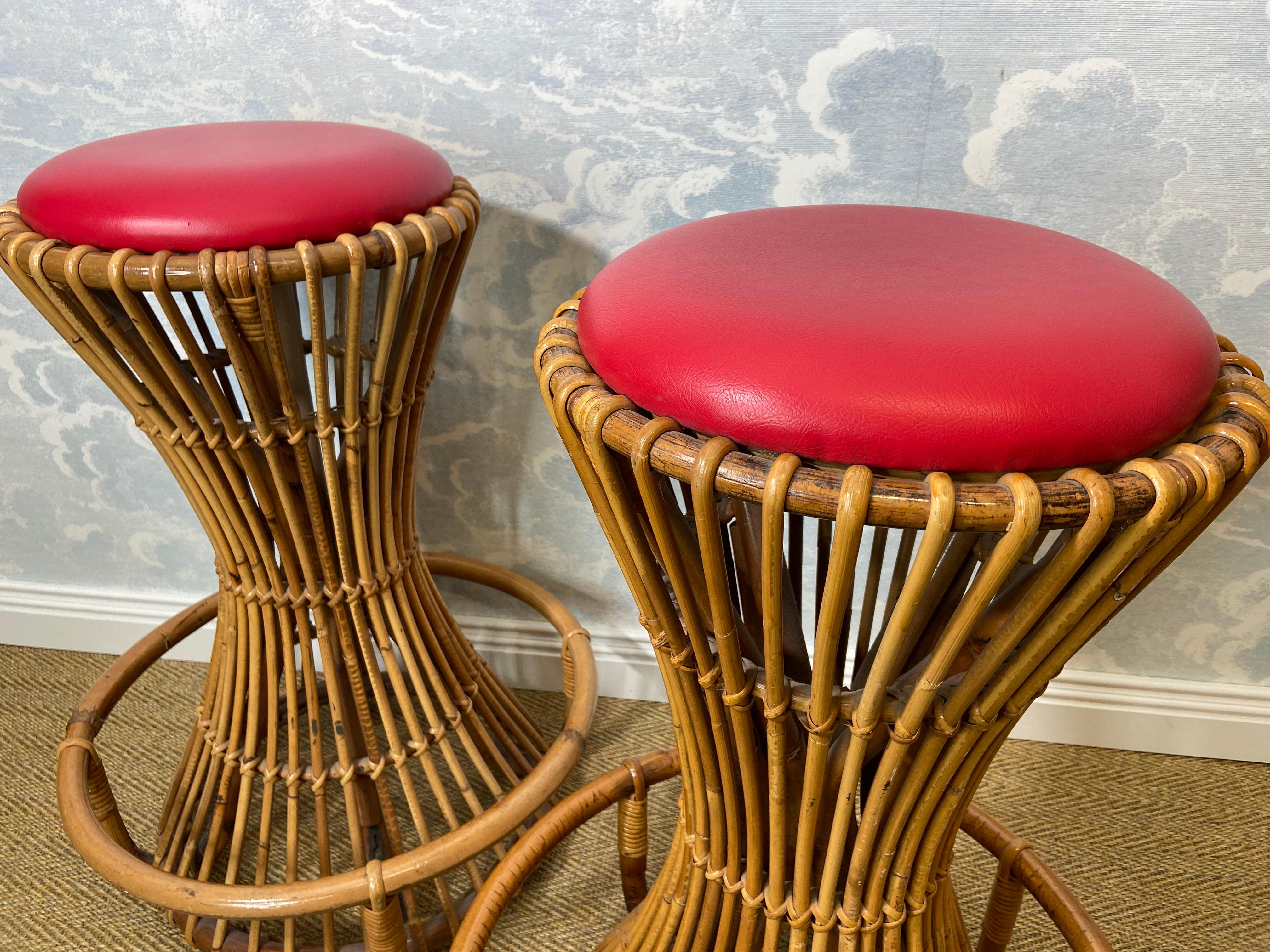 Mid-20th Century Set of 3 Tito Agnoli for Bonacina Bar Stools Bamboo & Rattan, Italy 1950s