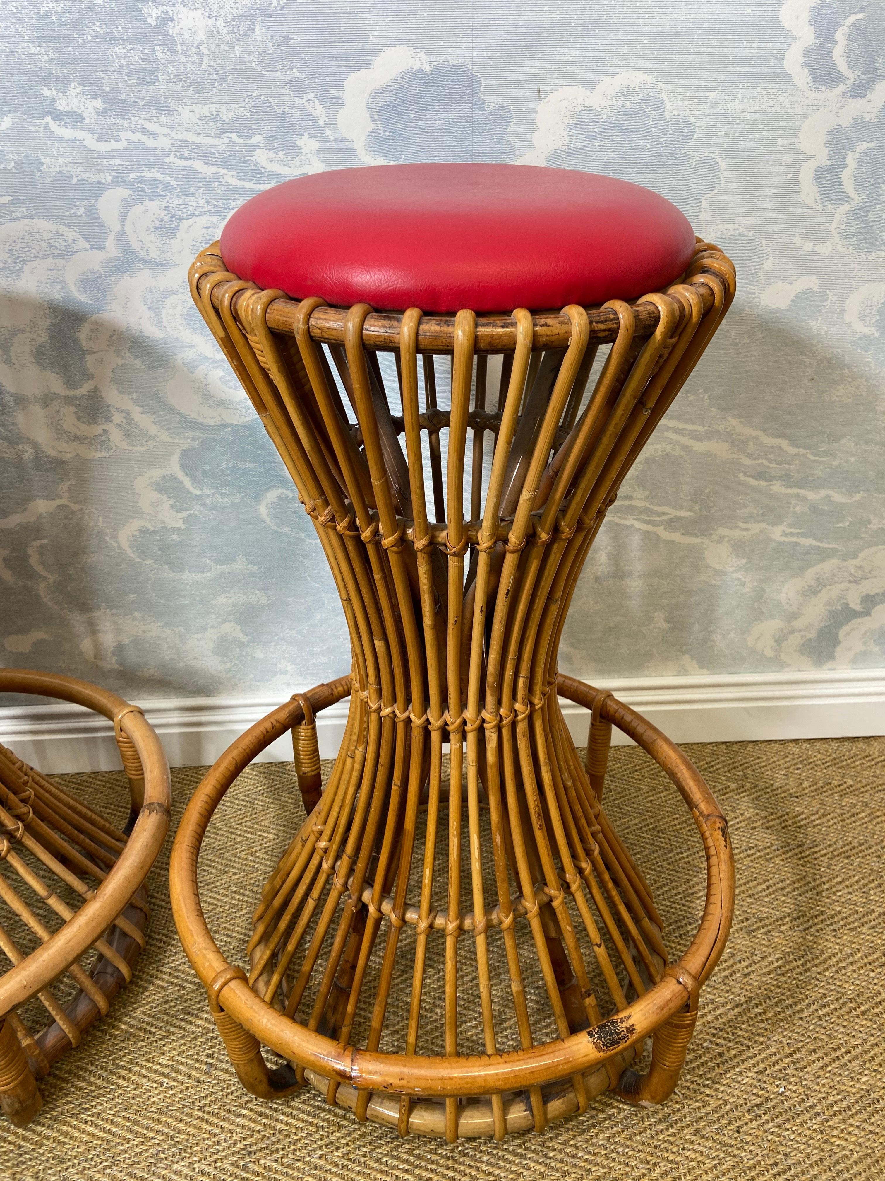 Set of 3 Tito Agnoli for Bonacina Bar Stools Bamboo & Rattan, Italy 1950s 2