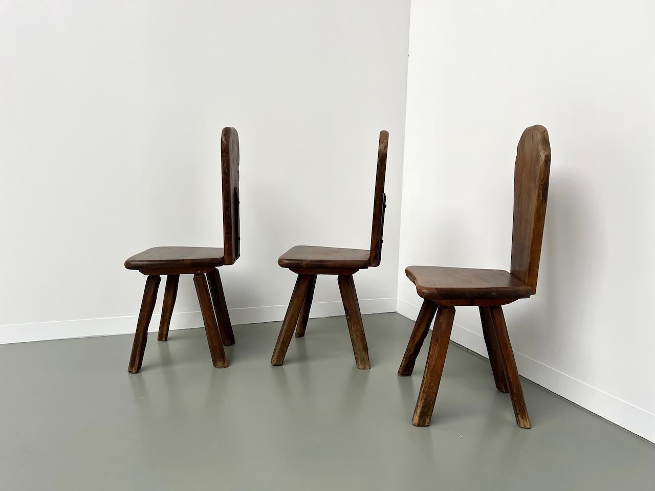 Set of 3 Tony Bain olive wood chairs, France 1960 5