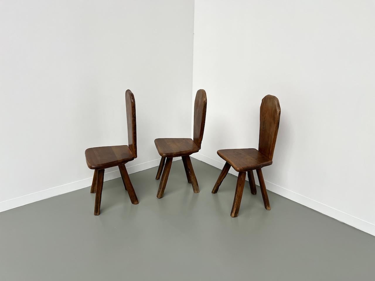 Set of 3 Tony Bain olive wood chairs, France 1960 6
