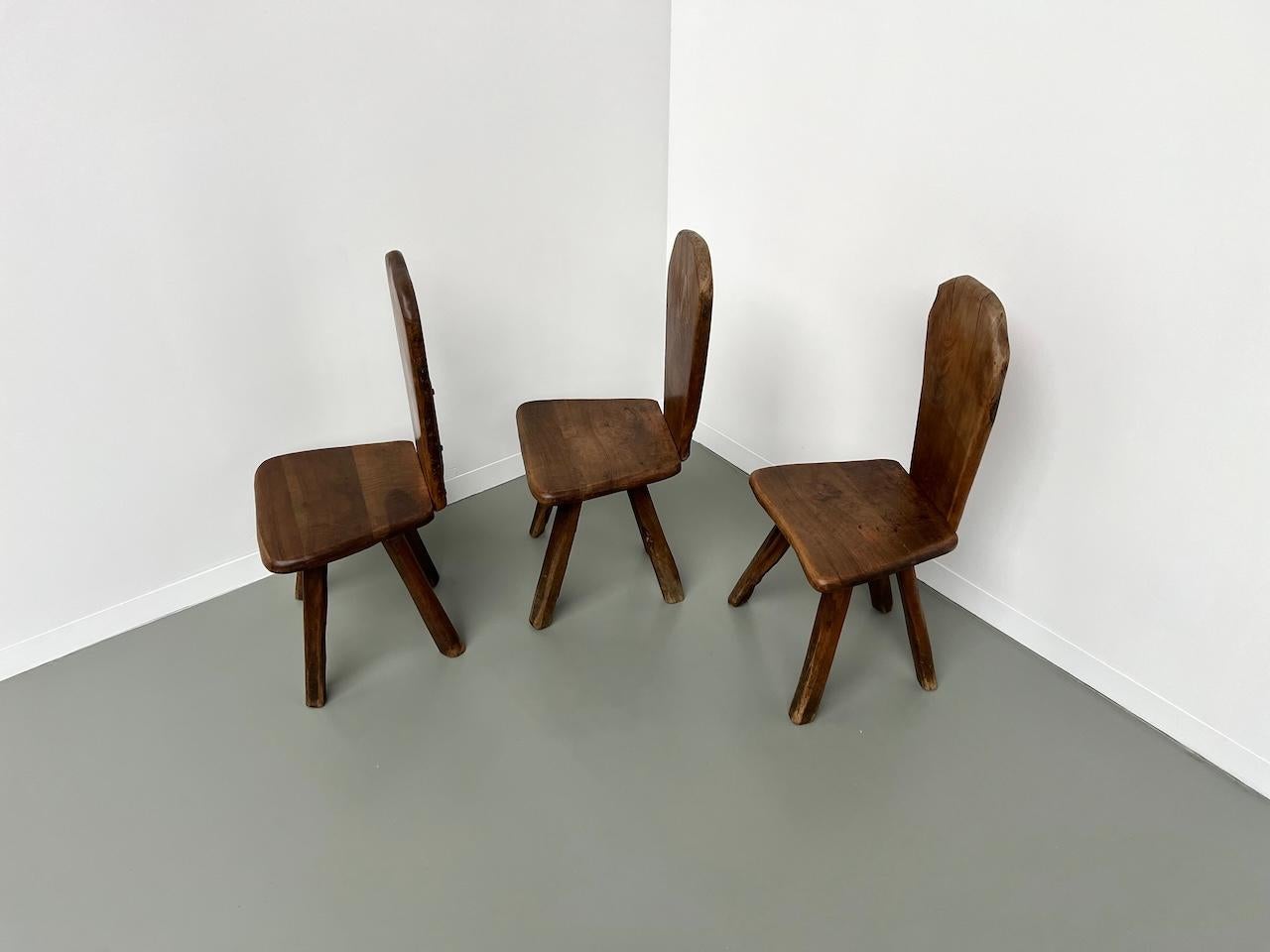 Set of 3 Tony Bain olive wood chairs, France 1960 7