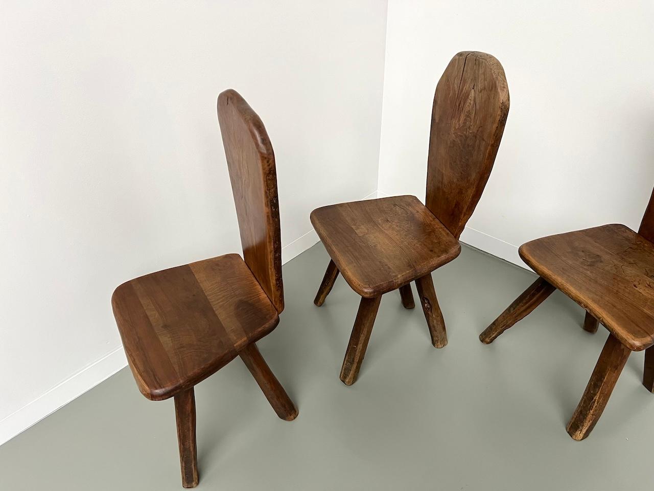 Set of 3 Tony Bain olive wood chairs, France 1960 9
