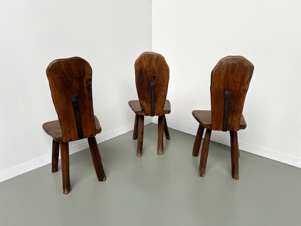 Set of 3 Tony Bain olive wood chairs, France 1960 10
