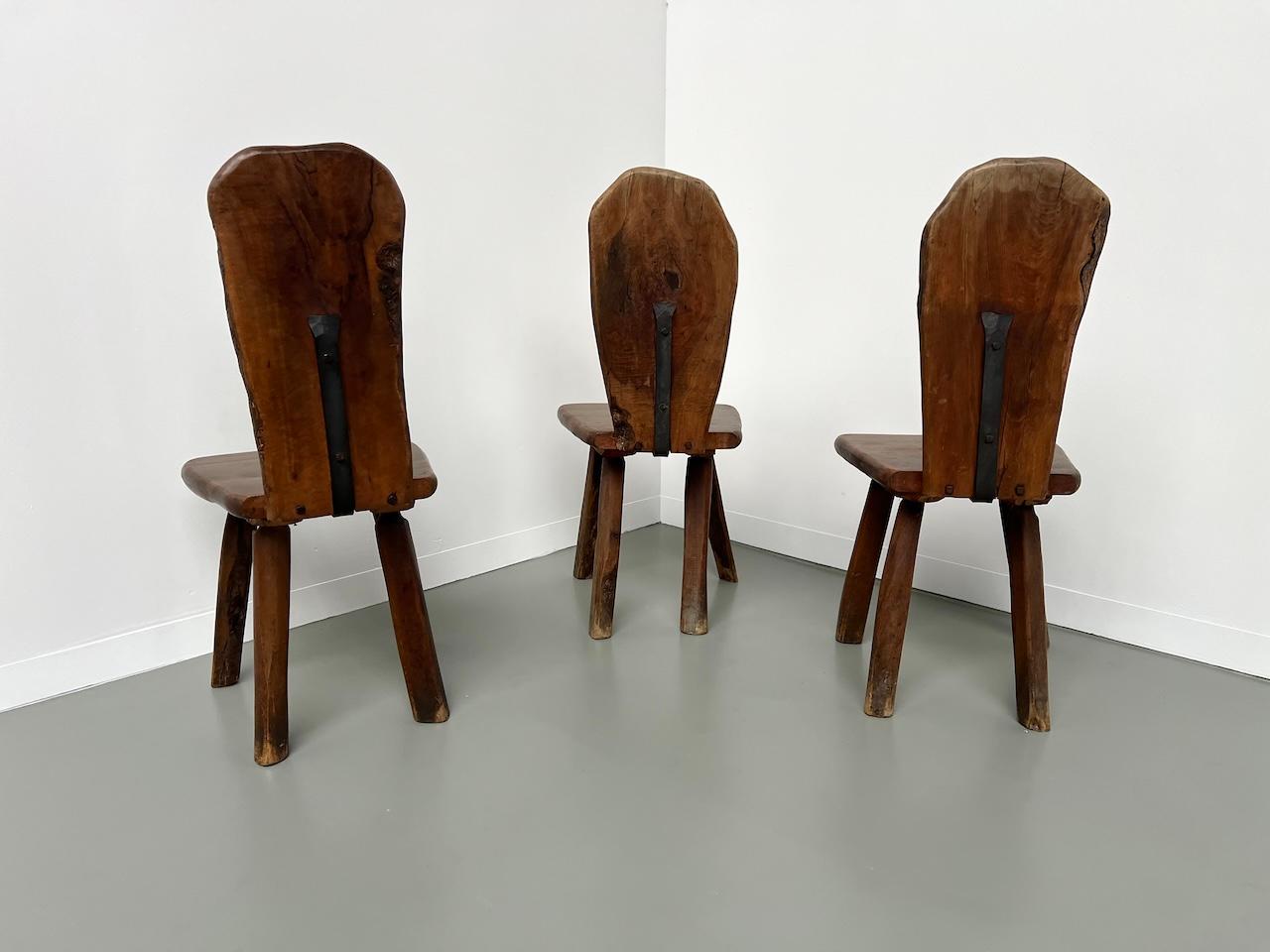 Set of 3 Tony Bain olive wood chairs, France 1960 11
