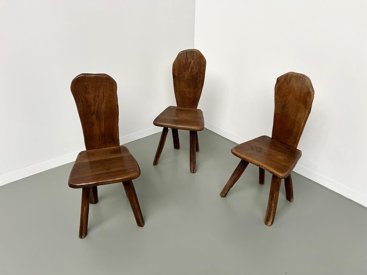 French Set of 3 Tony Bain olive wood chairs, France 1960