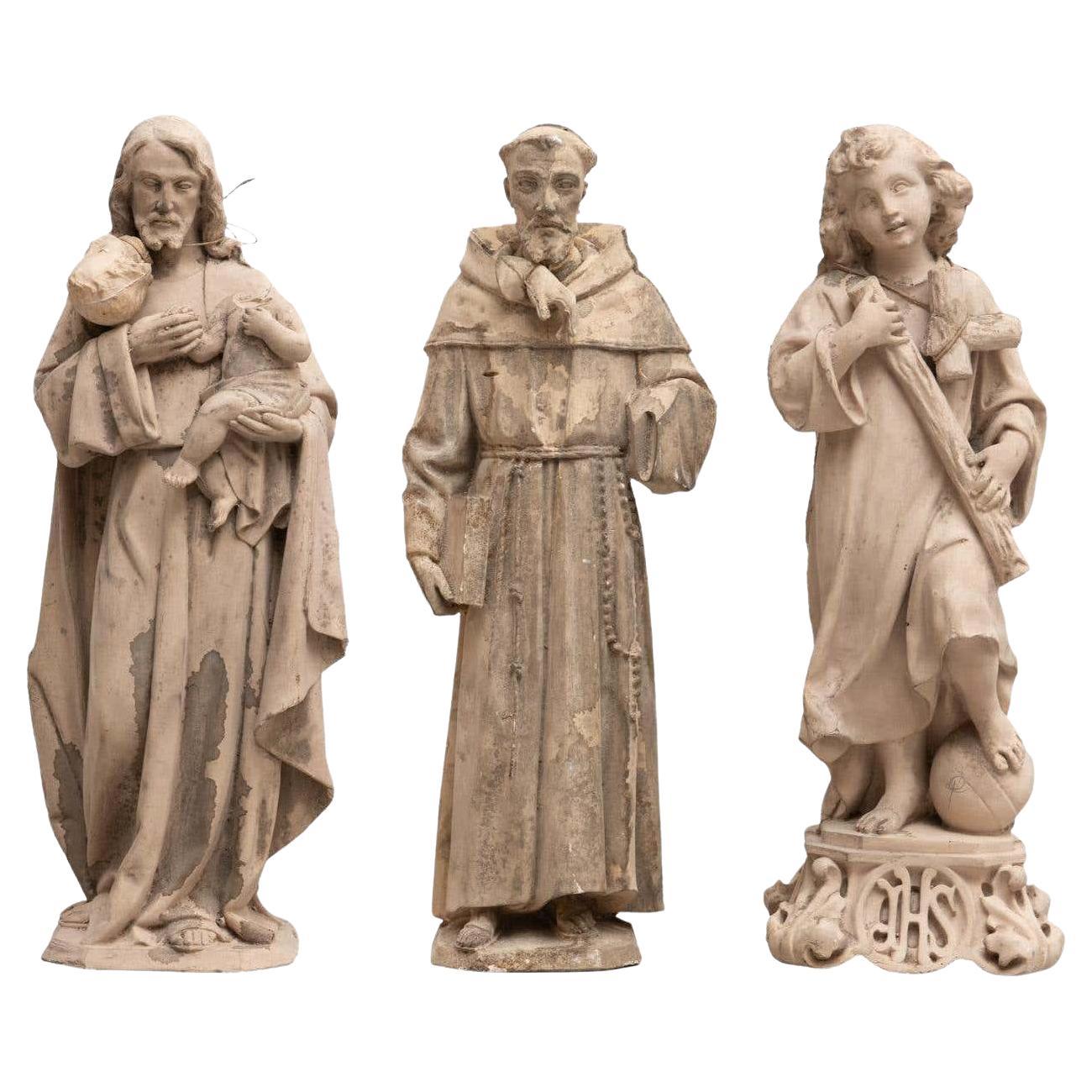 Set of 3 Traditional Religious Plaster Figures, Catalan Craftsmanship
