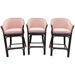 Used Set of 3 Traditional Wood and Rattan Bar Stools
