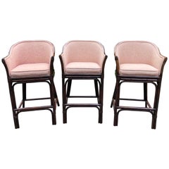 Set of 3 Traditional Wood and Rattan Bar Stools