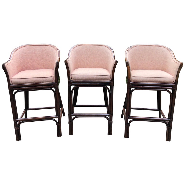 Set of 3 Traditional Wood and Rattan Bar Stools For Sale at 1stDibs