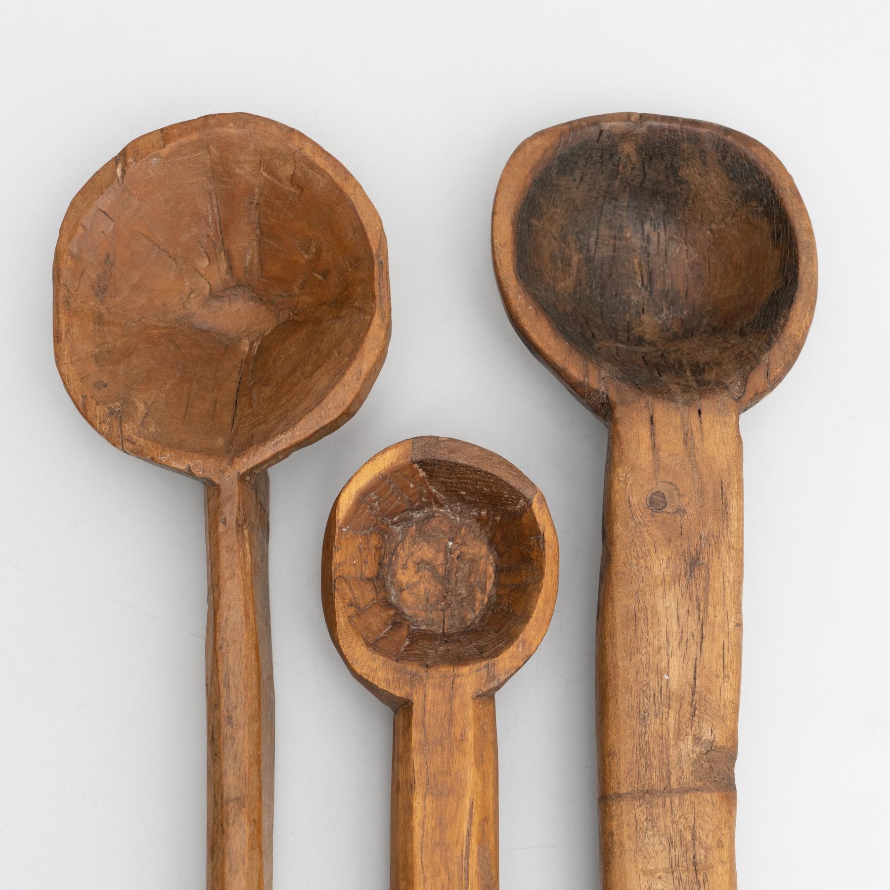 Early 20th Century Set of 3 Traditional Wooden Rustic Primitive Carved Spoon