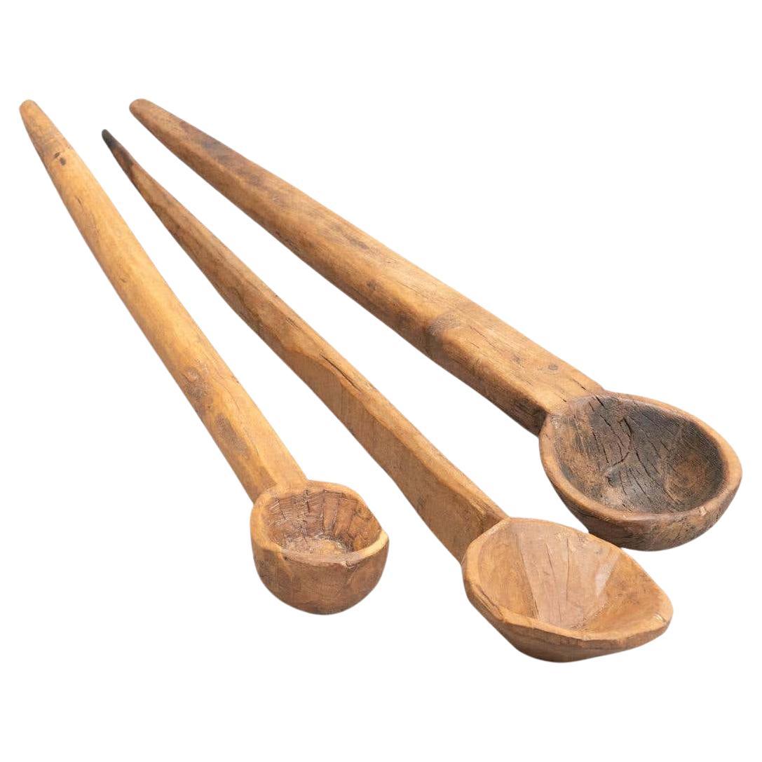 Set of 3 Traditional Wooden Rustic Primitive Carved Spoon For Sale
