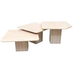 Set of 3 Travertine Side Tables with Clipped Edge Detail