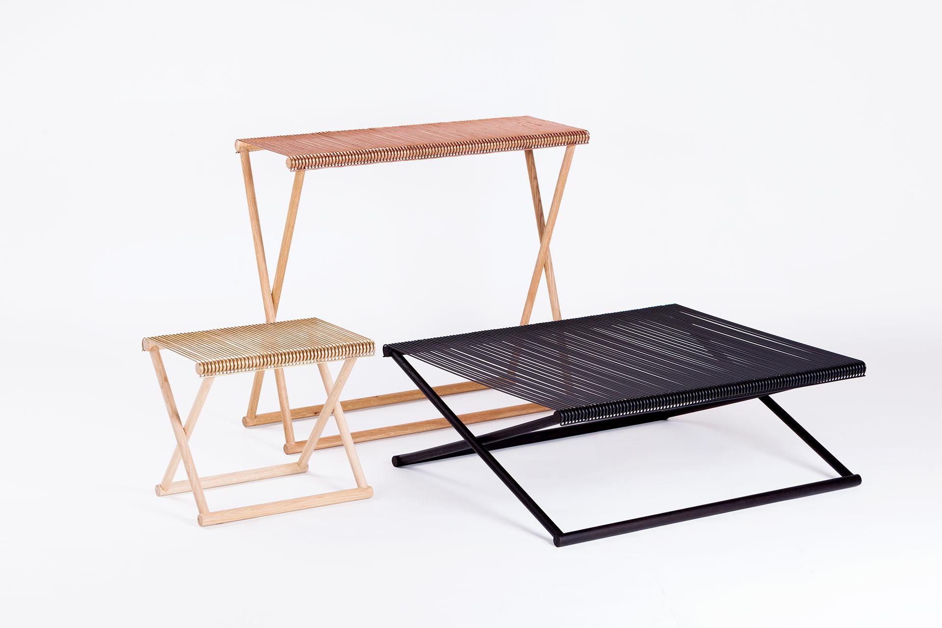 Set of 3 Trestle Collection by Mingardo
Dimensions: 
D20 x W10 x H42,4 cm
D96 x W80 x H32 cm
D96 x W32 x H80 cm 
Materials: Nat. Or wengé oak wood structure. Satin nat. Brass/or copper rods top. Iron

Also Available in different