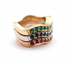 Set of 3 Tri Color 14k Gold Stackable Wave Band Rings Ruby Sapphire Emerald