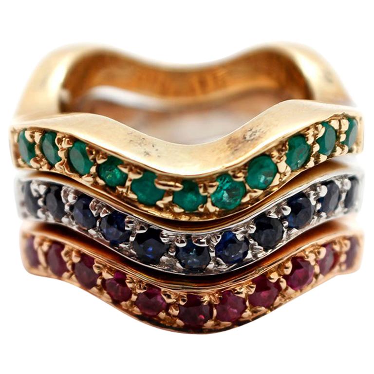 Set of 3 Tri Color 14k Gold Stackable Wave Band Rings Ruby Sapphire Emerald