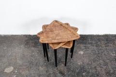 Set of 3 Triangular Top Stacking End Tables with Oak Patchwork Molded Wood Tops