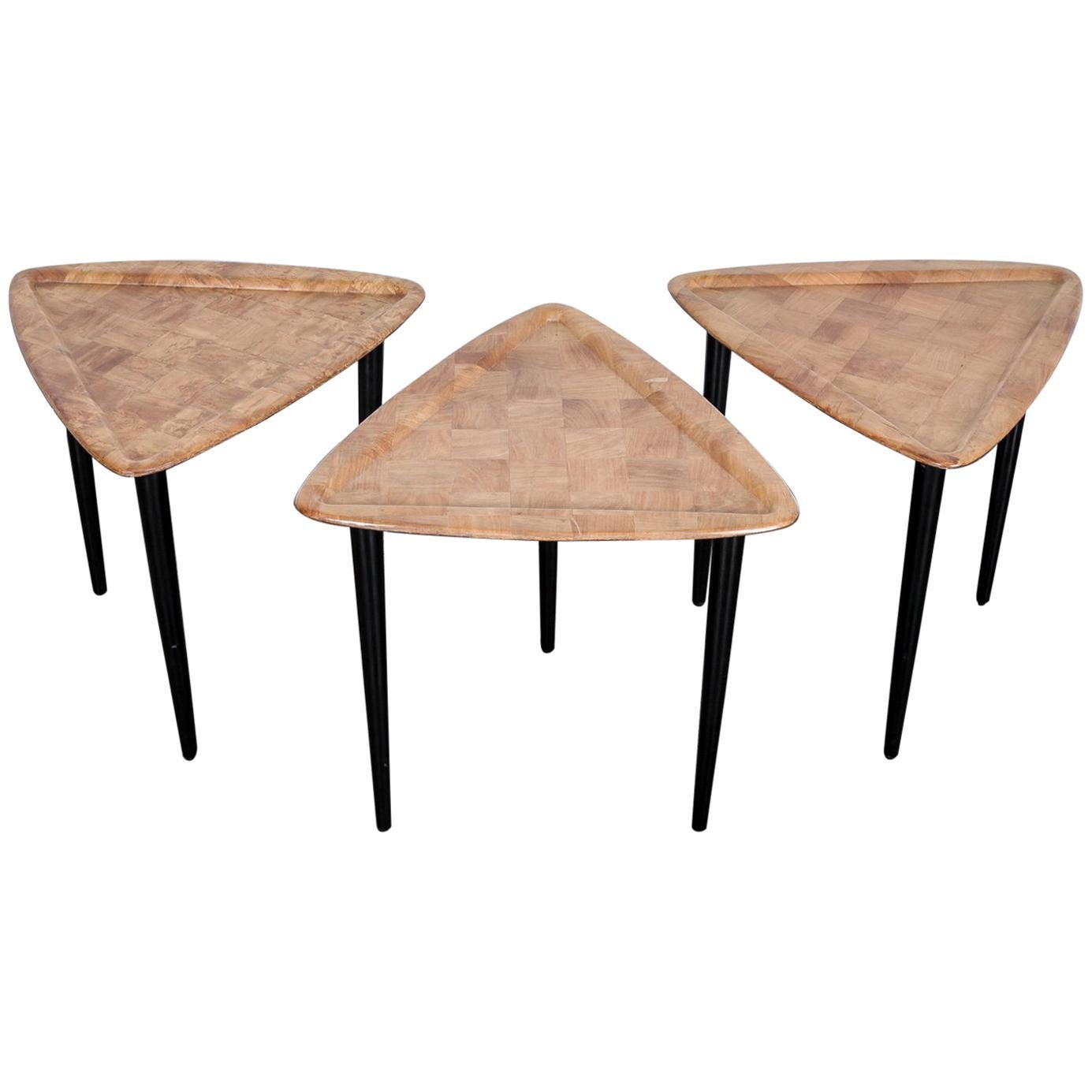 Set of 3 Triangular Top Stacking End Tables with Oak Patchwork Molded Wood Tops