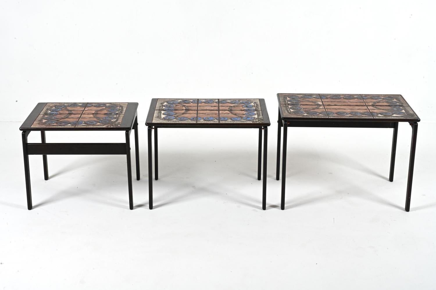 Scandinavian Modern Set of '3' Trioh Møbelfabrik Oak Nesting Tables with Ox Art Studio Ceramic Tiles For Sale
