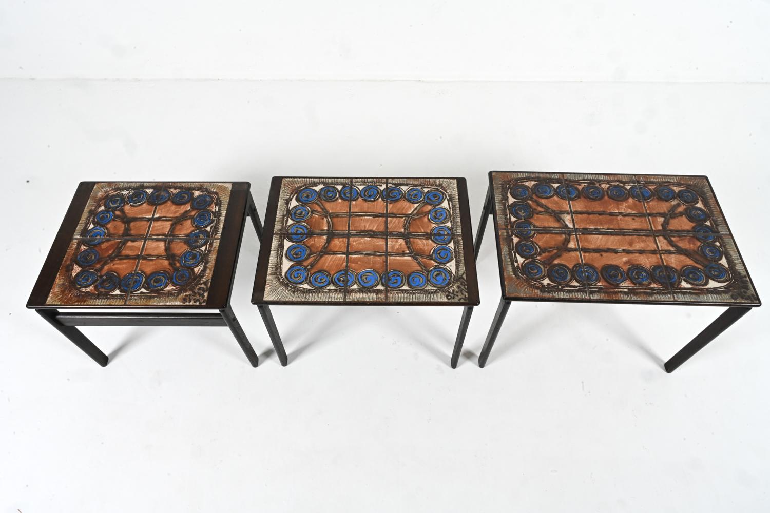 Set of '3' Trioh Møbelfabrik Oak Nesting Tables with Ox Art Studio Ceramic Tiles In Good Condition For Sale In Norwalk, CT