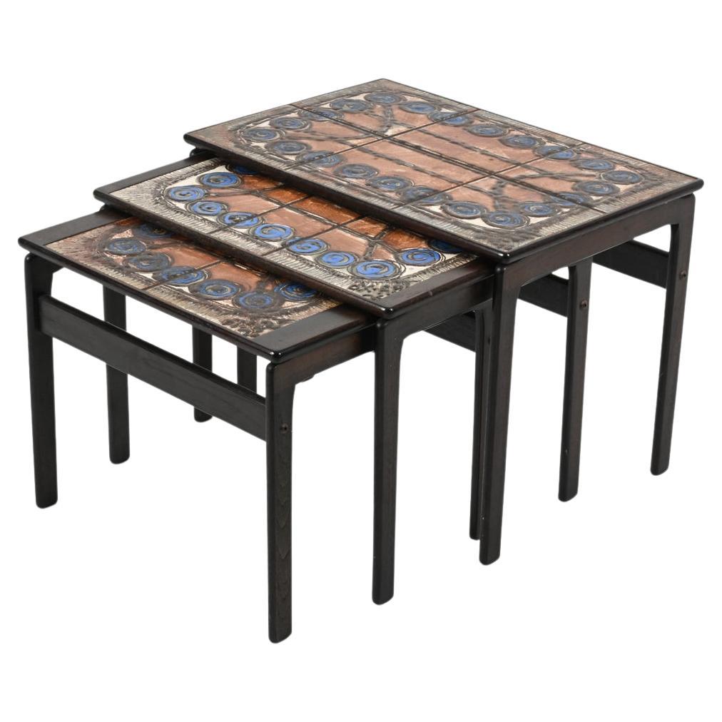 Set of '3' Trioh Møbelfabrik Oak Nesting Tables with Ox Art Studio Ceramic Tiles For Sale