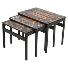 Retro Set of '3' Trioh Møbelfabrik Oak Nesting Tables with Ox Art Studio Ceramic Tiles