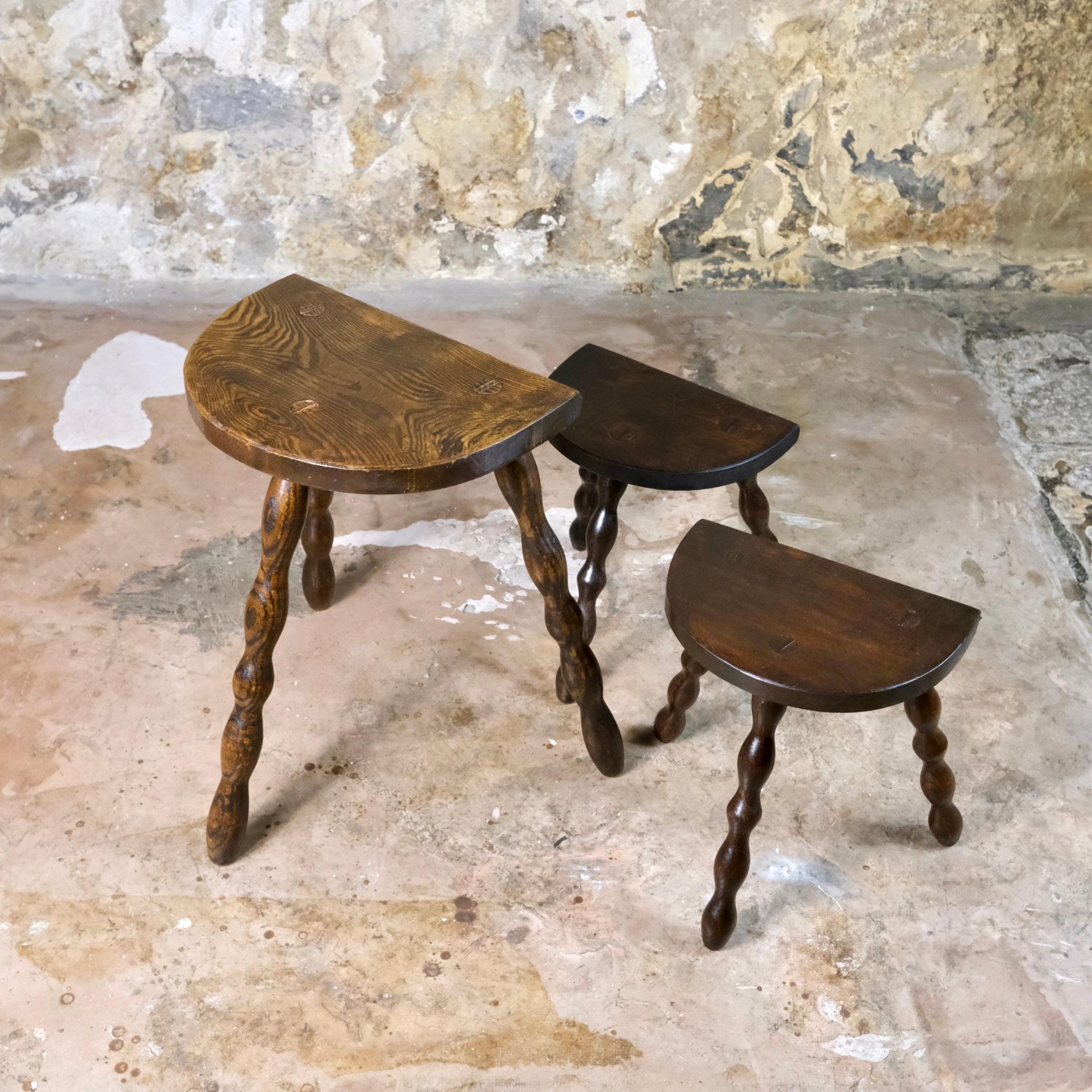 French Provincial Set of 3 tripod farmer stools from France, 1940s