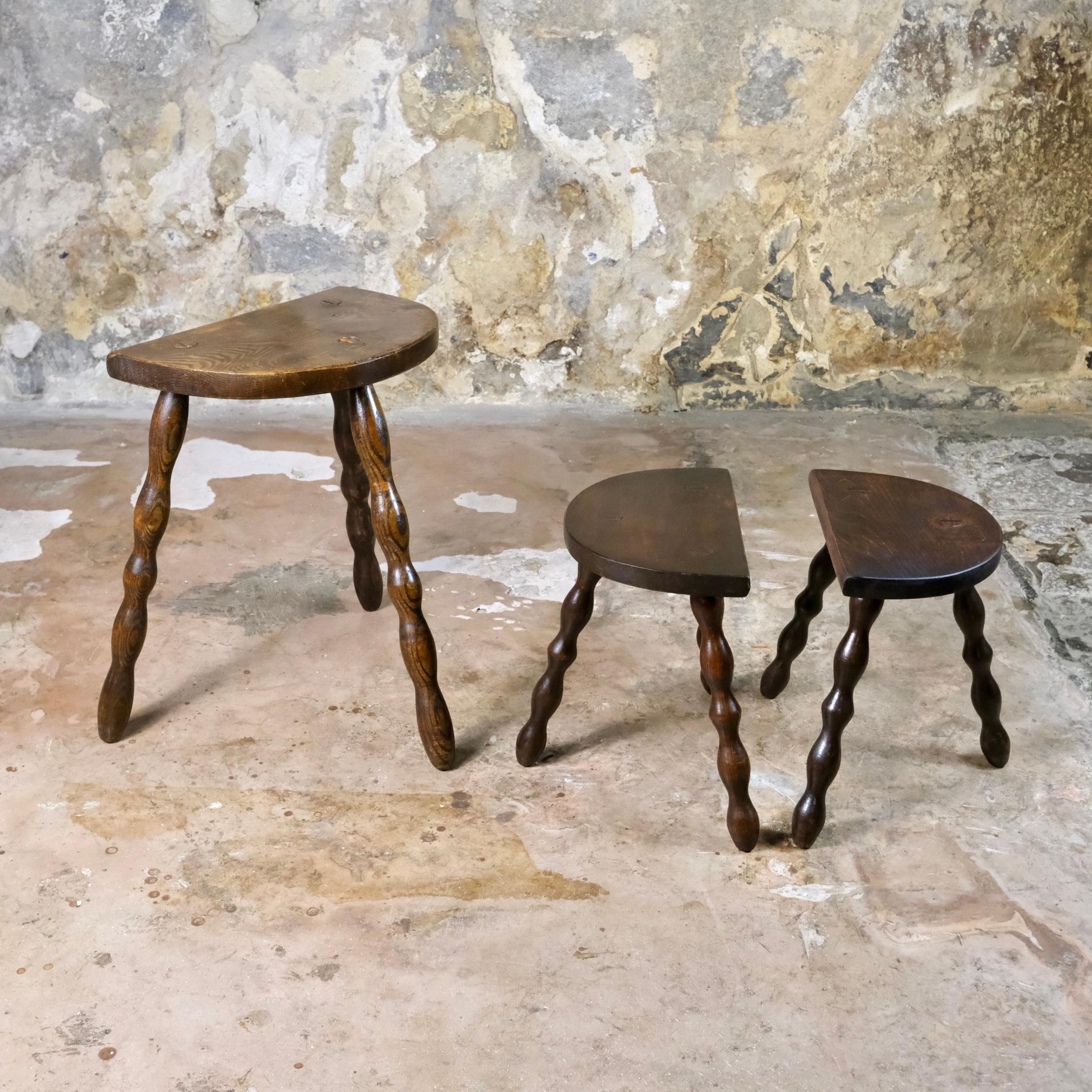 French Set of 3 tripod farmer stools from France, 1940s