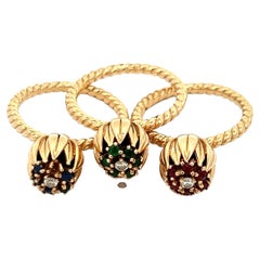 Set of 3 Tulip Rings Emerald Ruby Sapphire Diamond 14 Karat Yellow Gold Vintage 