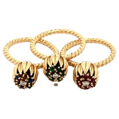 Set of 3 Tulip Rings Emerald Ruby Sapphire Diamond 14 Karat Yellow Gold Vintage