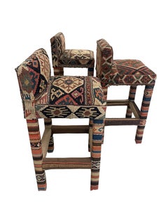 Set of 3 Turkish Kilim Upholstered Counter Stools