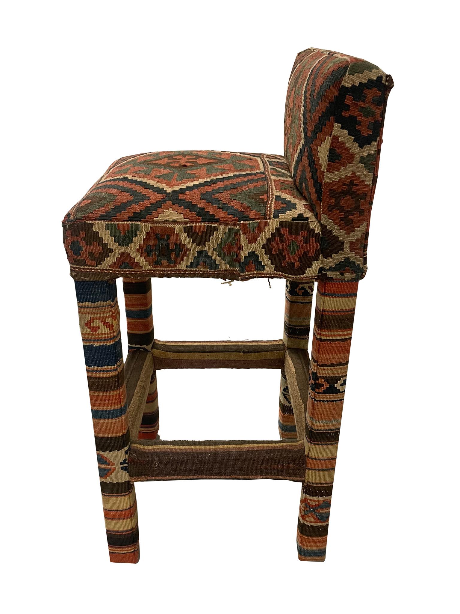 Mid-Century Modern Set of 3 Turkish Kilim Upholstered Counter Stools For Sale