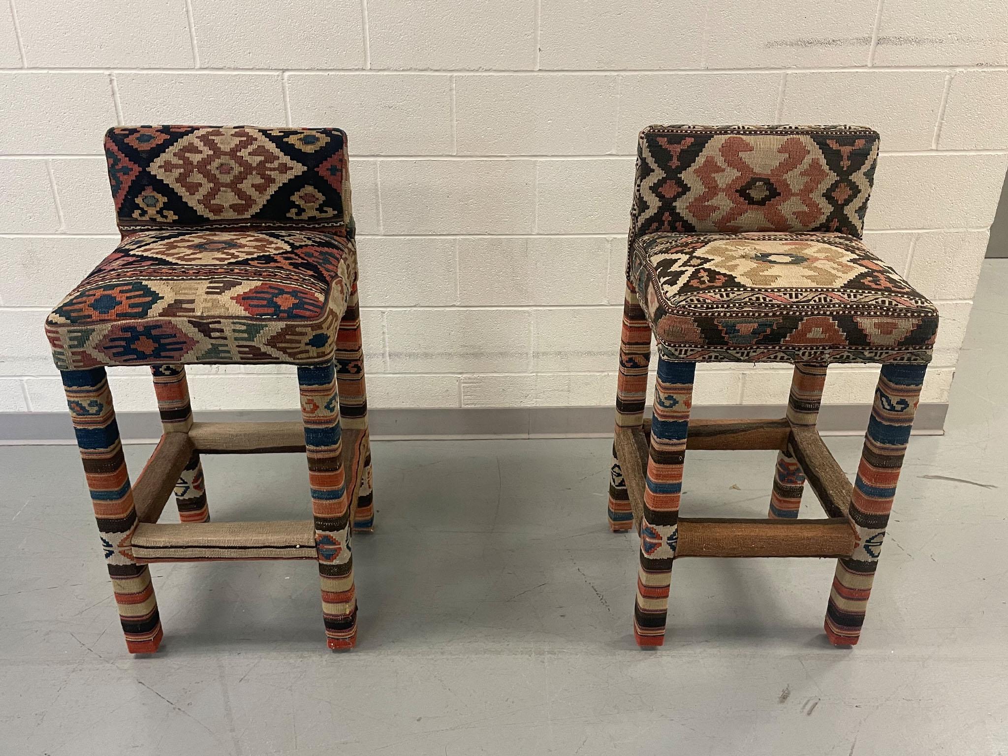 Set of 3 Turkish Kilim Upholstered Counter Stools In Good Condition For Sale In New York, NY