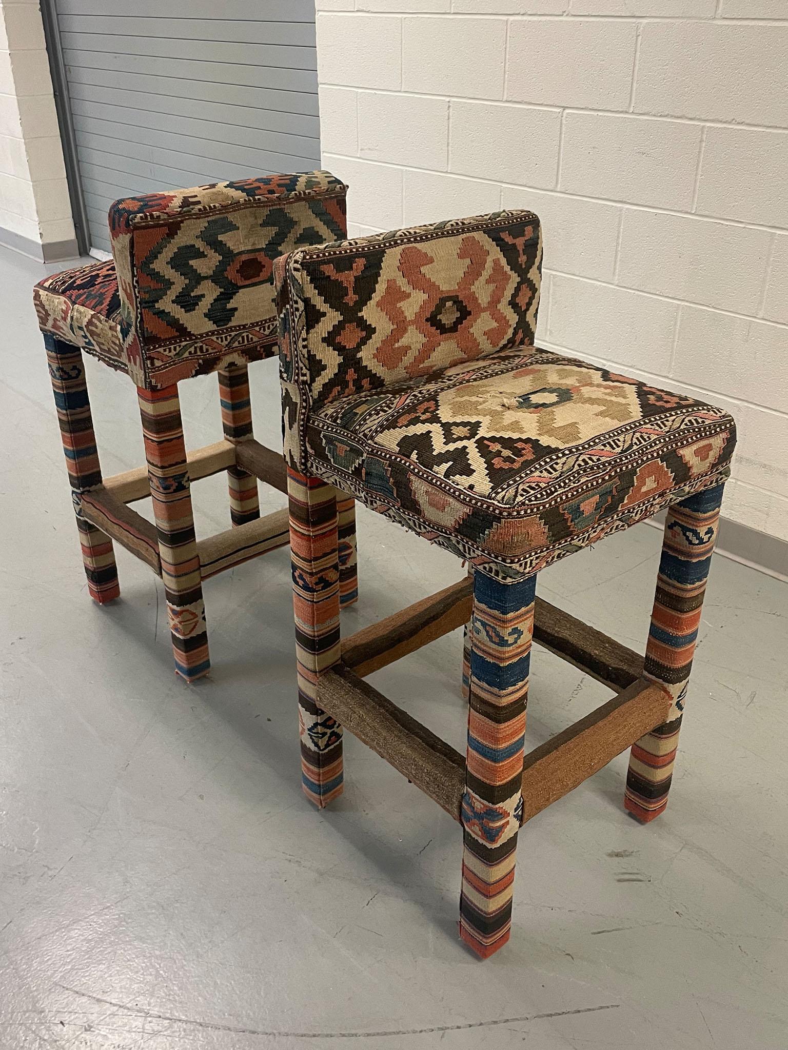 20th Century Set of 3 Turkish Kilim Upholstered Counter Stools For Sale