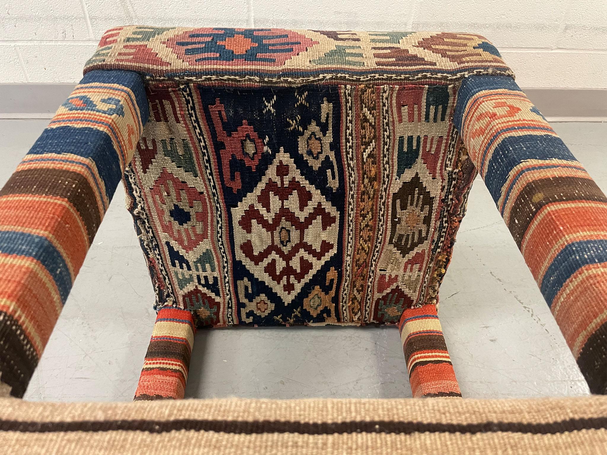 Textile Set of 3 Turkish Kilim Upholstered Counter Stools For Sale