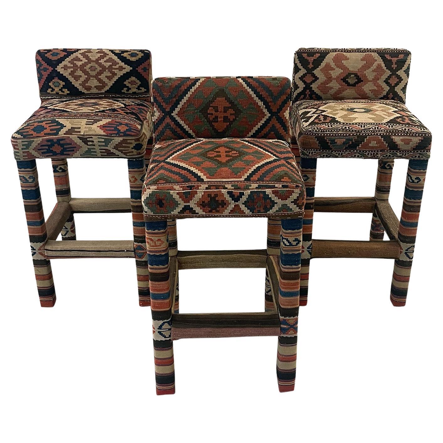 Set of 3 Turkish Kilim Upholstered Counter Stools For Sale
