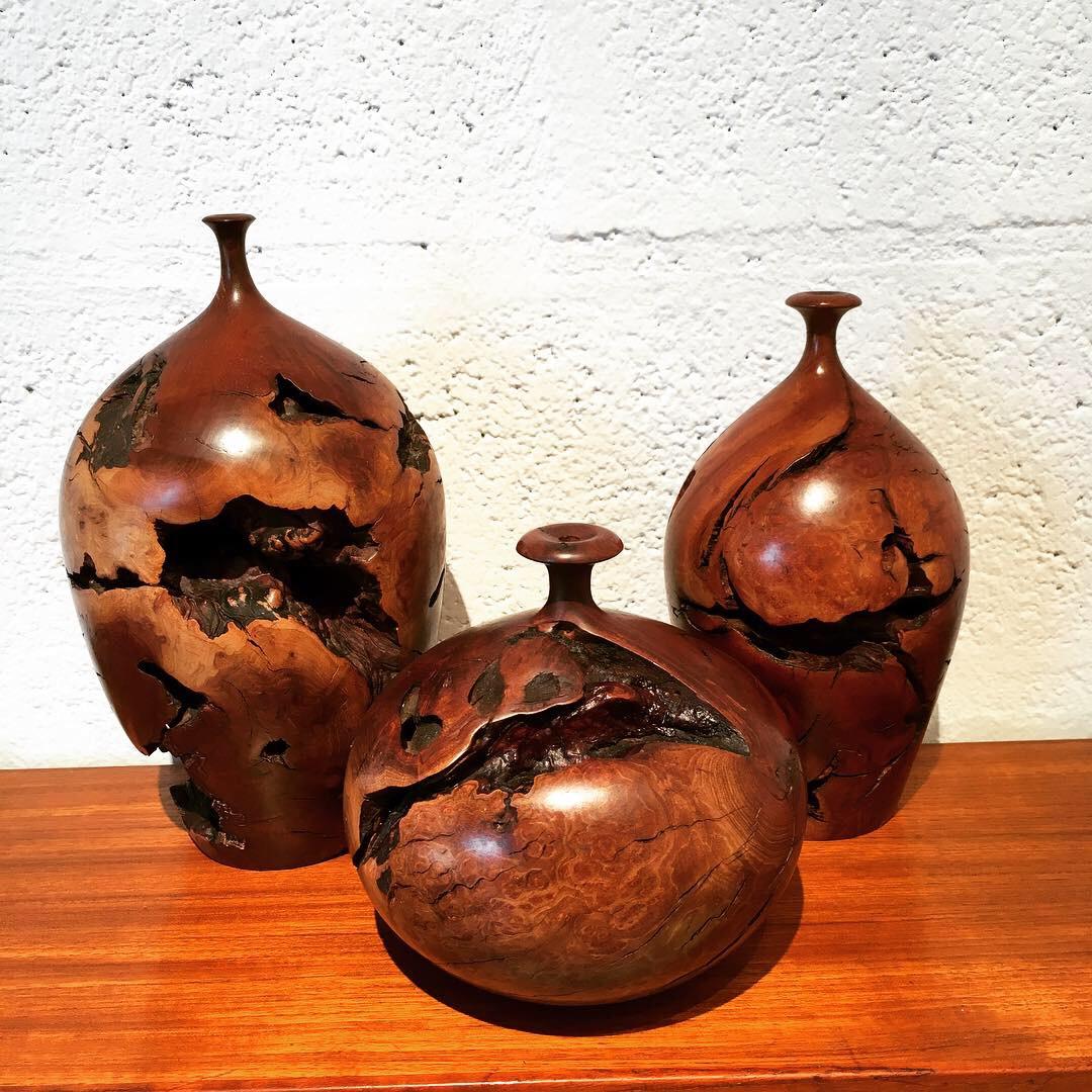 American Set of 3 Turned Burl Wood Vessels by Hap Sakwa Signed and Dated