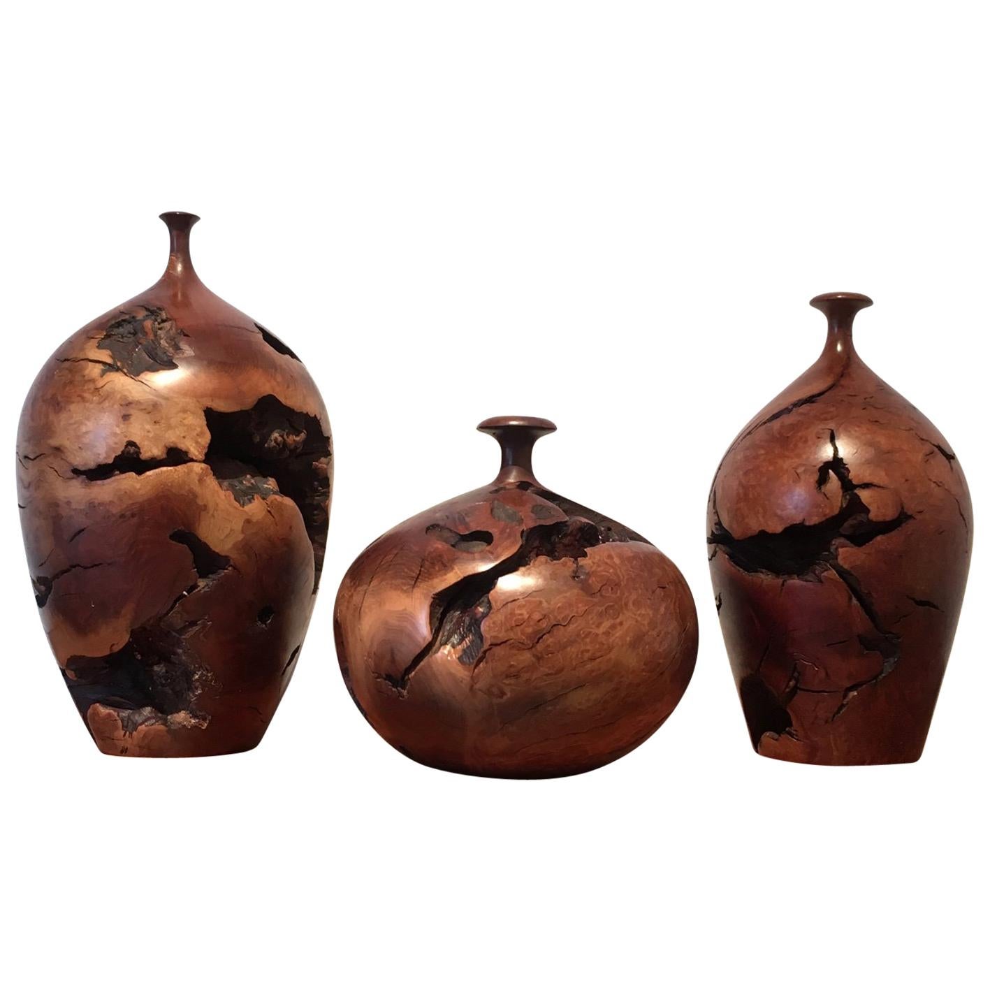 Set of 3 Turned Burl Wood Vessels by Hap Sakwa Signed and Dated