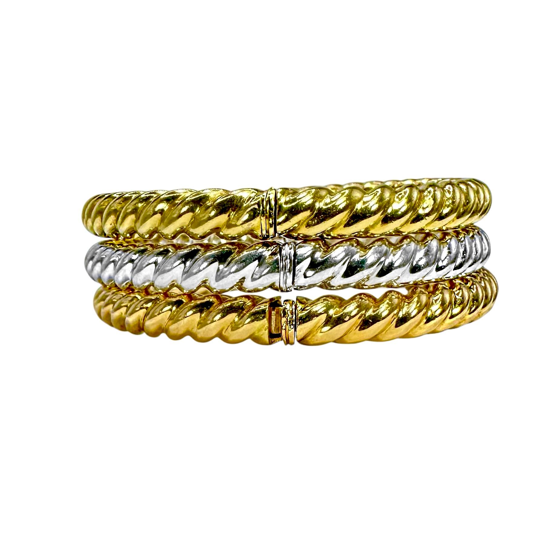 Set aus 3 ovalen Armbändern mit gedrehtem Seil und Scharnier 18K Gelb-, Weiß- und Roségold für Damen oder Herren im Angebot