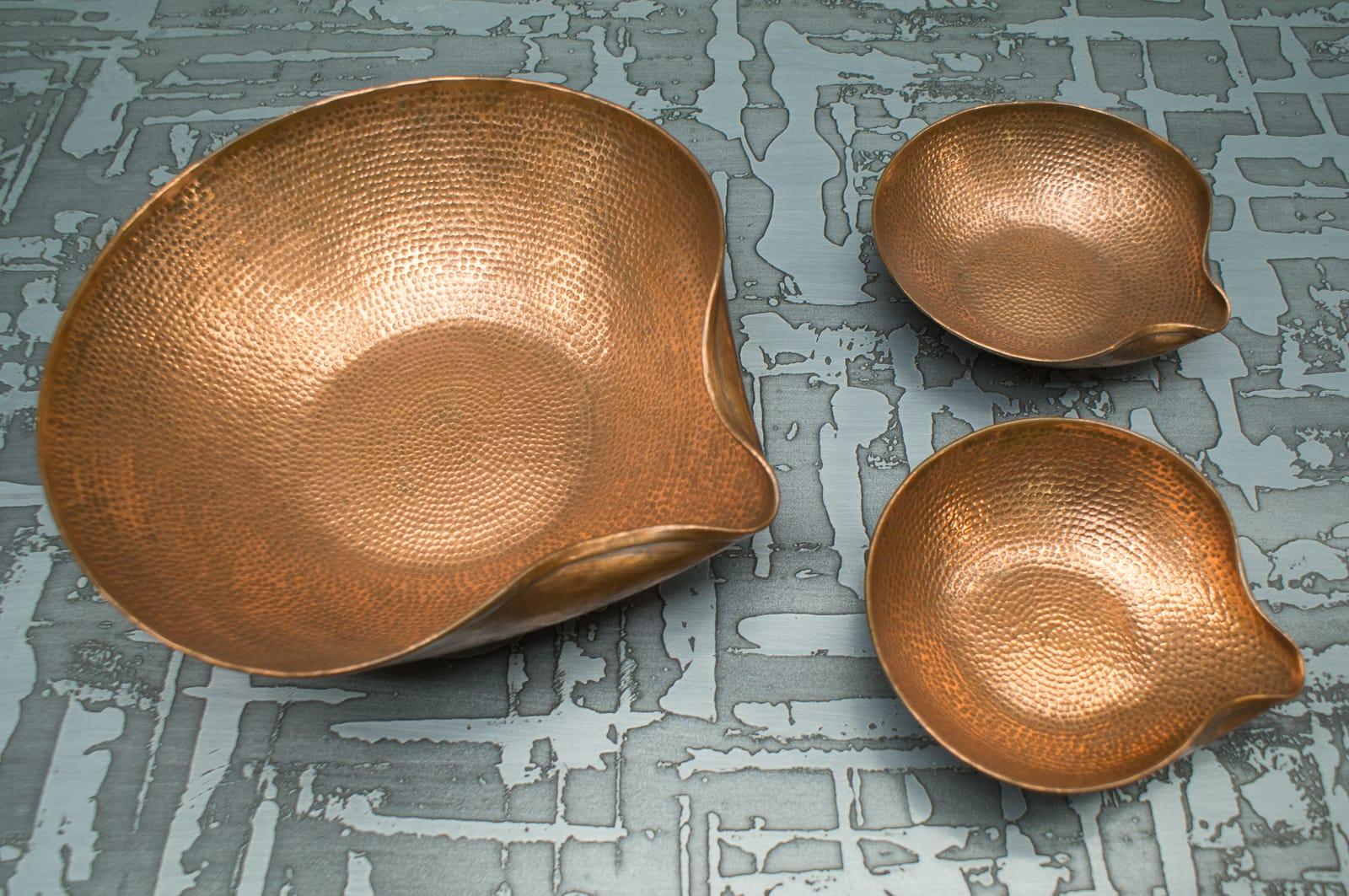 Mid-20th Century Set of Three Unique Copper Hand Beaten German Bowls, Germany, 1950s