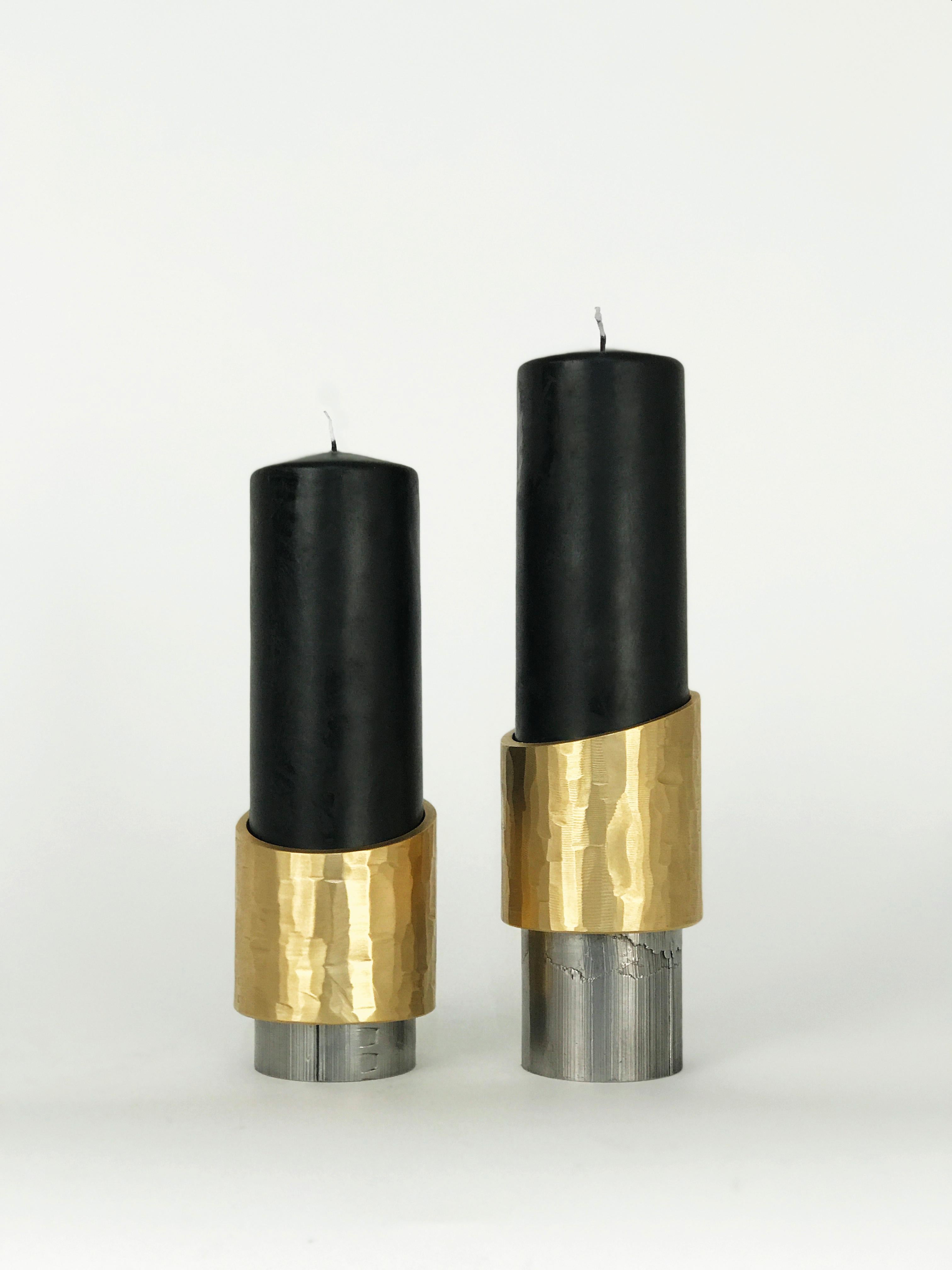 Post-Modern Set of 3 Unique Solid Brass Candleholders, Avalon by William Guillon