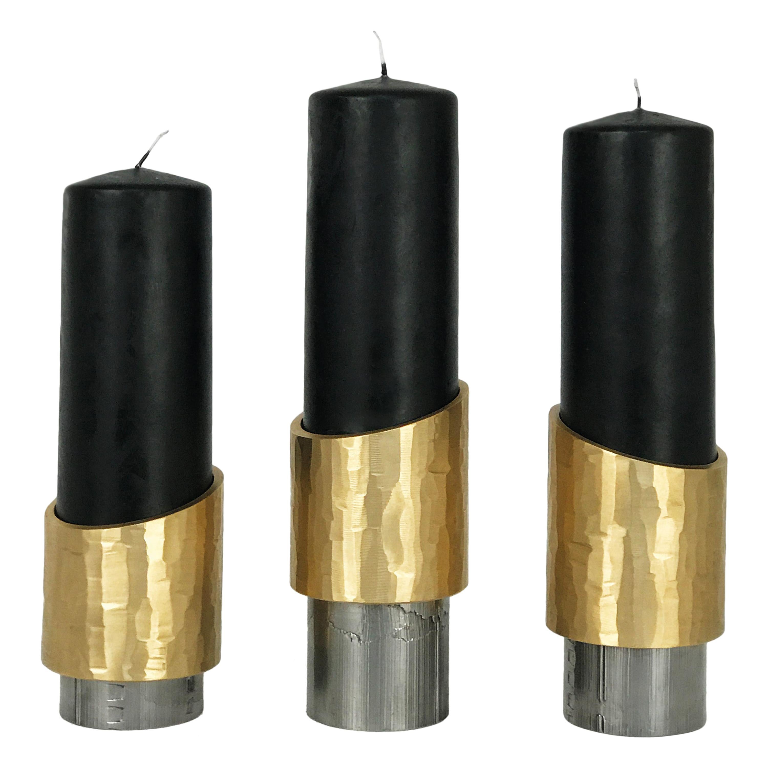 Set of 3 Unique Solid Brass Candleholders, Avalon by William Guillon