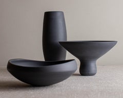 Set of 3 Vase, Vessel, & Bowl in Dark Grey Porcelain by Lisa Fleming