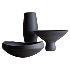 Set of 3 Vase, Vessel, & Bowl in Dark Grey Porcelain by Lisa Fleming