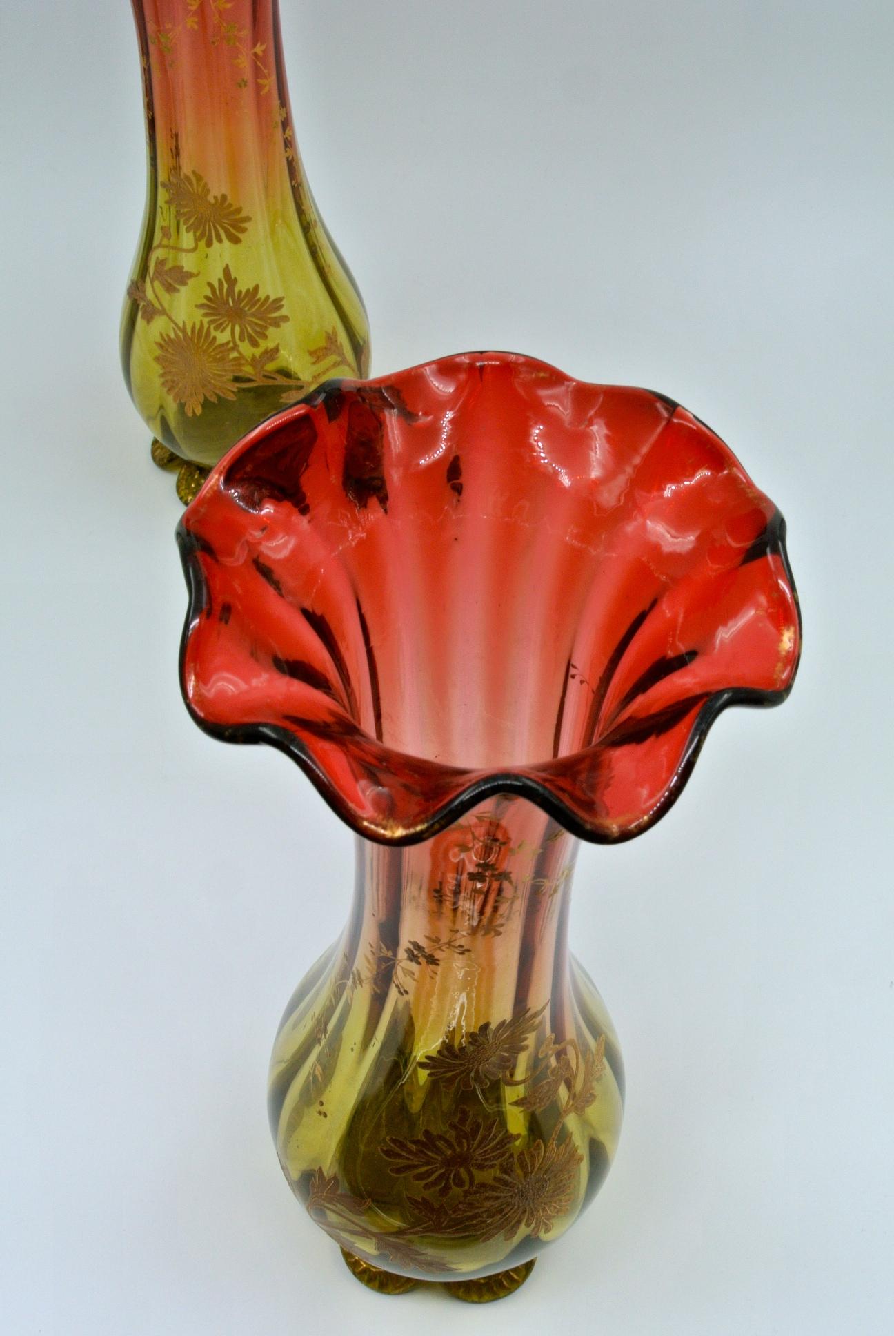 European Set of 3 Vases, Enameled Crystal
